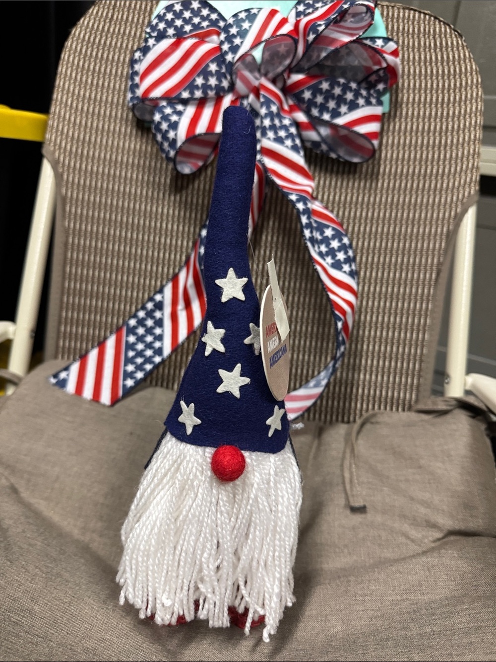 AMERICANA Patriotic Gnome Holiday Decor and Decor Bow, new